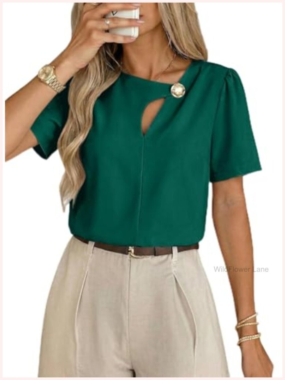 Womens Short Sleeve V Neck Blouse Puff Sleeve Work Top